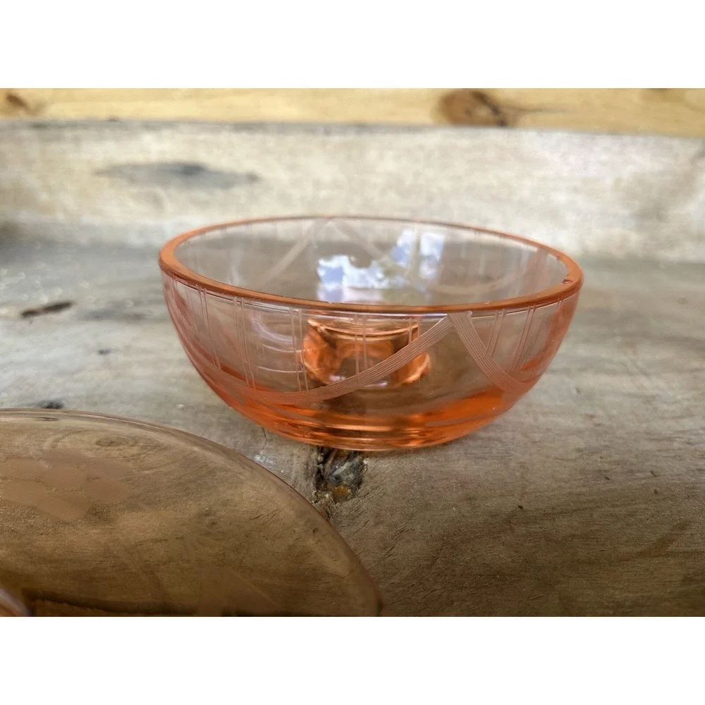 Vintage Pink Depression Glassware Floral Etching‎ Small Plates, Butter Dish,bowl